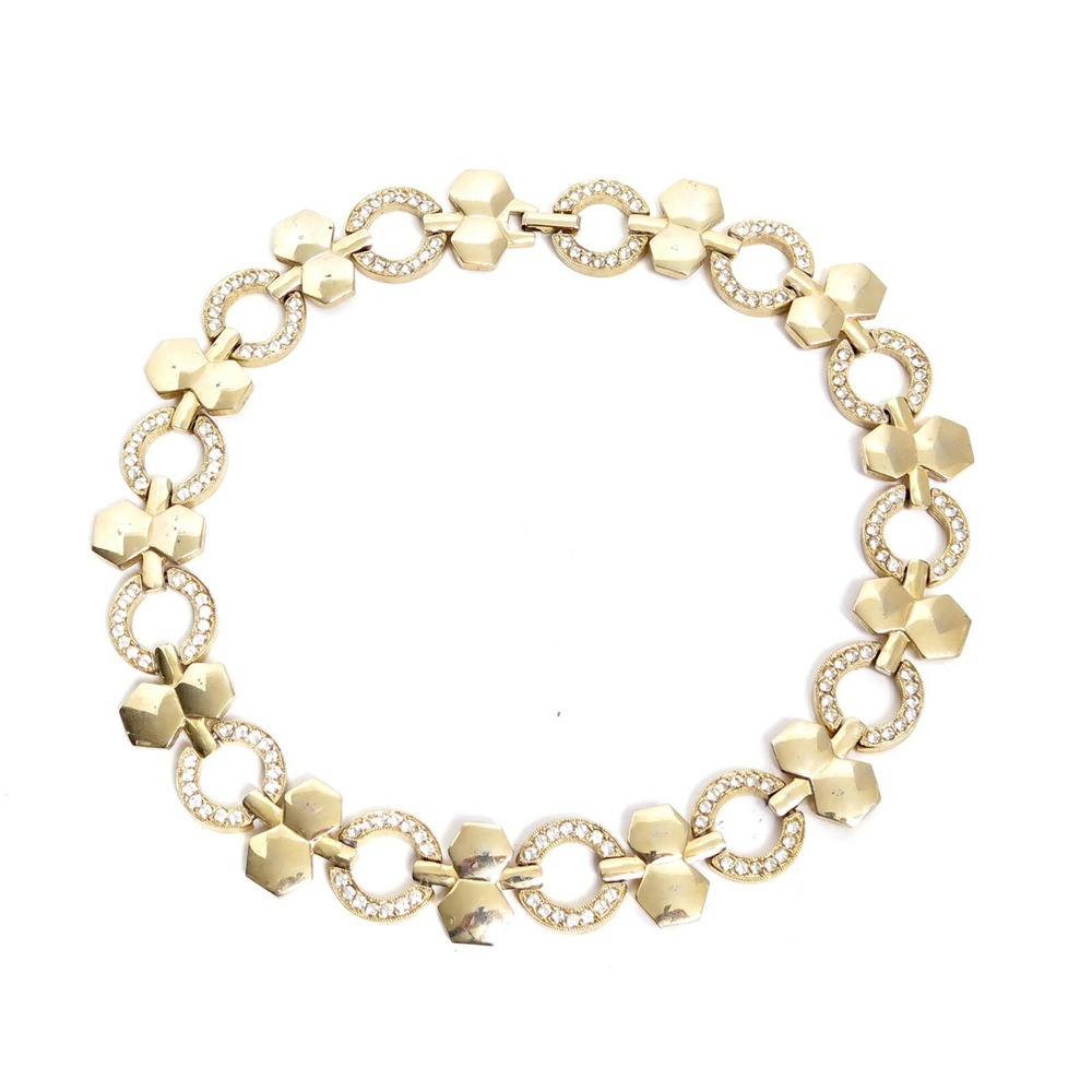 Vintage Beautiful Wide Gold Plated Crystal Rhinestone Sparkly Necklace 16-1/4"
